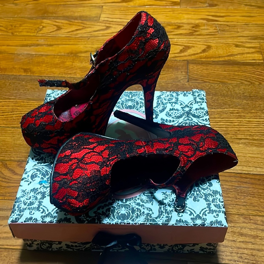 Red Lace Platform Mary Jane Heels